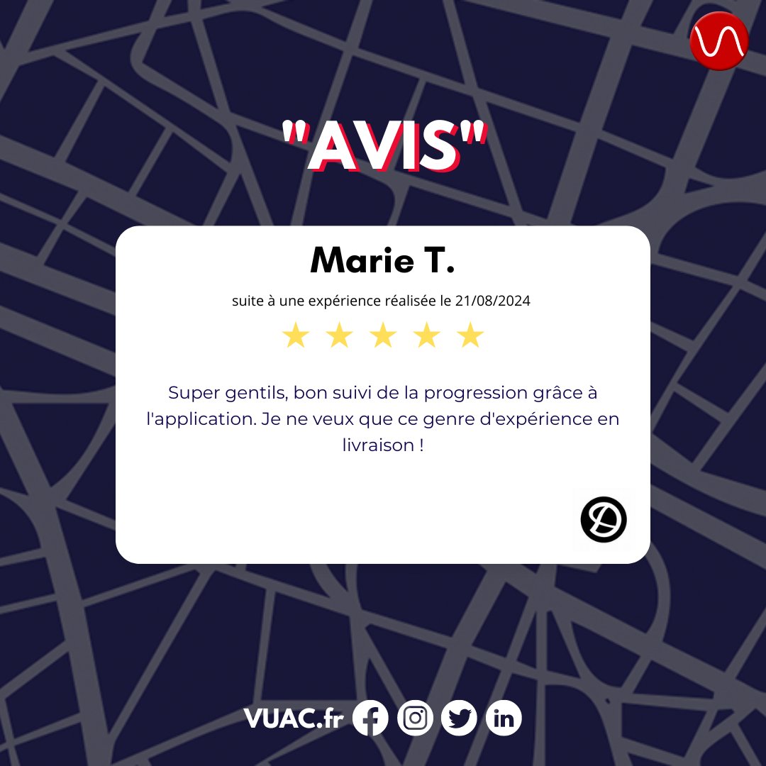 Merci pour ce retour positif ! 🙌 Nous sommes ravis que notre service et notre application aient rendu votre expérience de livraison si agréable.  🚚✨

#LivraisonParfaite #ServiceClient #TransportFiable #SatisfactionClient #TeamVUAC #LogistiqueEfficace #SuiviEnTempsRéel