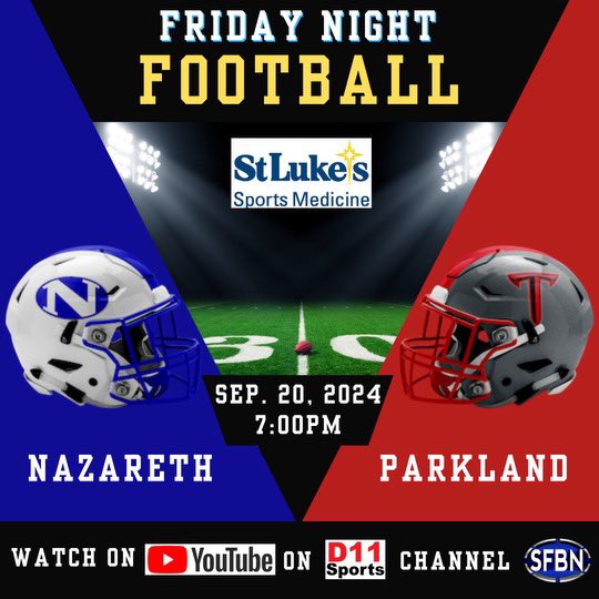 FRIDAY NIGHT FOOTBALL: 

Our D11Sports.com Game of the Week Presented by <a href="/SLUHNSportsMed/">St. Luke's Sports Medicine</a> will feature a Big Showdown in the <a href="/EastPennConf18/">East Penn Conference</a> between Nazareth at Parkland. 

SHARE LINK: youtube.com/live/GCMMFHLSf…

<a href="/PHSTrojansFB/">Parkland Football</a> <a href="/NazarethTD/">Nazareth Football</a> <a href="/ParklandAthlet1/">Parkland Athletics</a> <a href="/NAHSBlueEagles/">Nazareth Athletics</a>