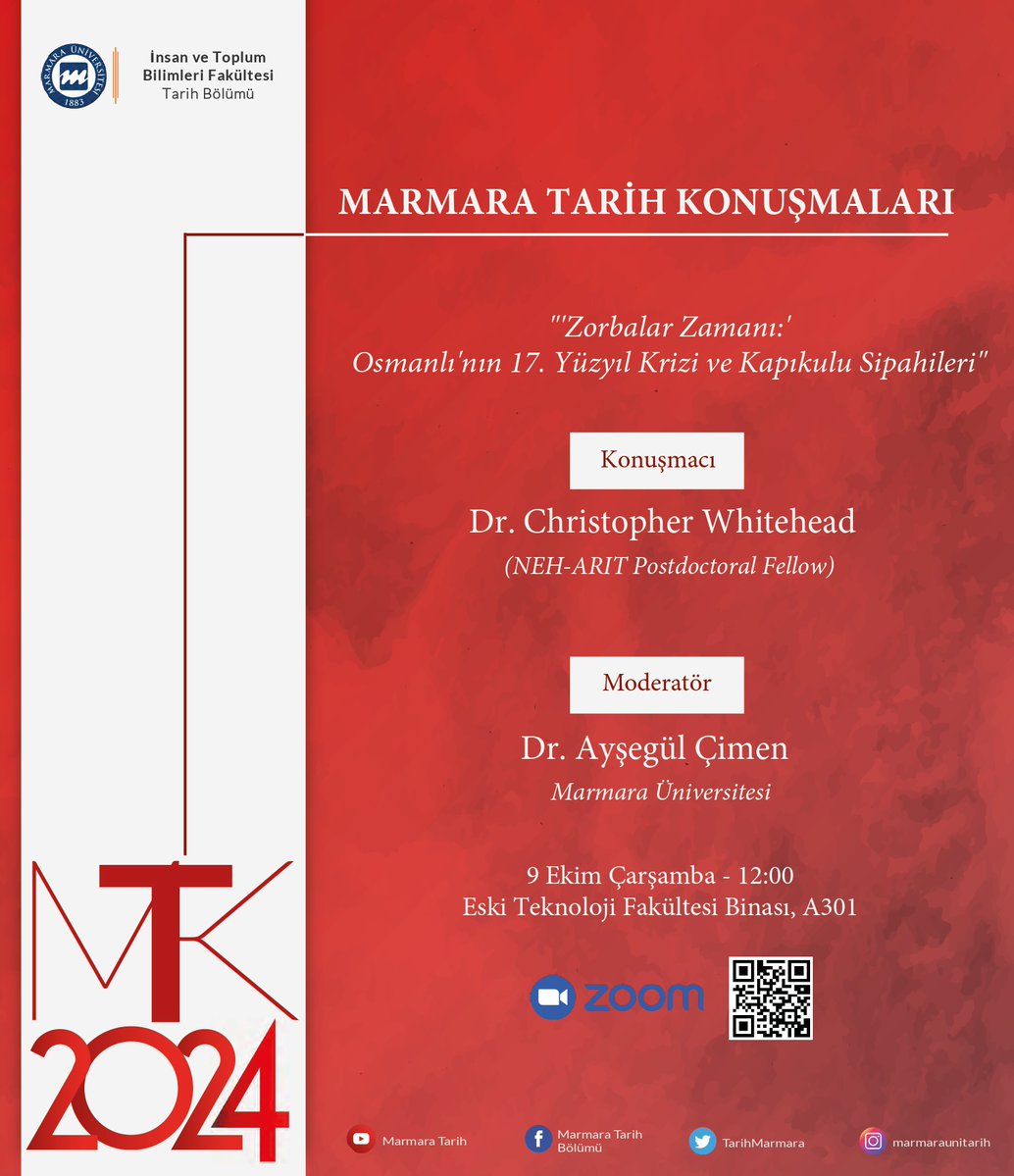Marmara Tarih Konuşmaları devam ediyor!
Christopher Whitehead’i (<a href="/AkbashEfendi/">Christopher Whitehead</a>) "'Zorbalar Zamanı:’Osmanlı'nın 17. Yüzyıl Krizi ve Kapıkulu Sipahileri" başlıklı konuşması ile misafir ediyoruz.

9 Ekim Çarşamba - Saat 12:00 
Göztepe Yerleşkesi Eski Teknoloji Fakültesi Binası, A301