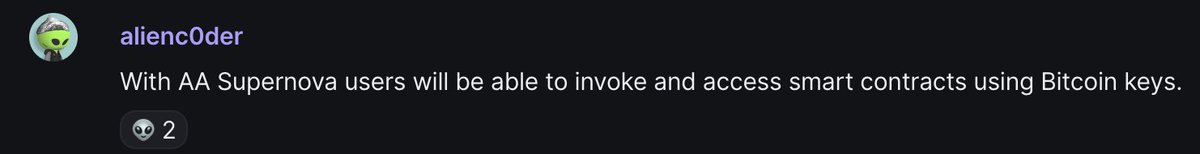 Tin foil hat Alien dev is cooking and dropped Bitcoin Account Abstraction on the $ZNN extension chain 👽

Users will be able to invoke and access smart contracts using #Bitcoin keys.
