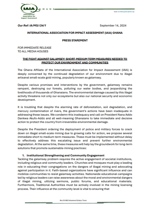 IAIA_Ghana's tweet photo. PRESS STATEMENT

IAIA-Ghana is committed to assisting the government and other stakeholders in the elaboration of effective environmental legislation. 
 
#NoToGalamsey #SaveOurWater #Sustainability #StopGalamsey #SaveOurLands https://t.co/J01wIe8vFm
