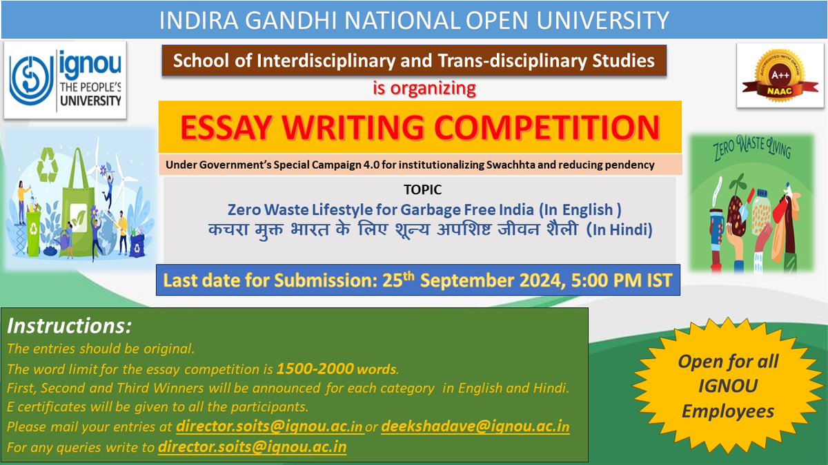 SOITS is organising Essay writing competition in english and hindi on the topics given below. Swach Bharat.Entries are invited for essay writing competition on  zero waste lifestyle for garbage free india (in english) in Hindi कचरा मुक्त भारत के लिए शून्य अपशिष्ट जीवन शैली