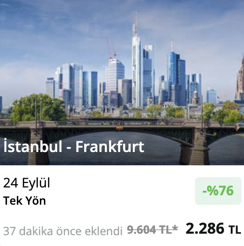 Günün fırsat uçuşu!💚 İstanbul - Frankfurt tek yön uçak bileti 2.286 TL!   

*Vizeli  
*Direkt uçuş  
*Sınırlı sayıda   

Detaylar için✈️👇🏻
enuygun.com/ucak-bileti/is… 

#UçakBileti #Frankfurt #FrankfurtUçakBileti #ENUYGUNUçakBileti #FırsatUçuşları