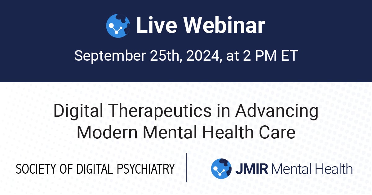 JMIR Mental Health (@jmir_jmh) on Twitter photo Explore how #DigitalTherapeutics are transforming #MentalHealth care. Join <a href="/abhishekpratap/">Abhi Pratap</a> & <a href="/JohnTorousMD/">John Torous, MD MBI</a> on Sept 25 for an insightful discussion on emerging research and applications.
Register here: ๐ hubs.la/Q02PJzqy0
#HealthTech #PsychTwitter <a href="/Boehringer/">Boehringer Ingelheim</a> Explore how #DigitalTherapeutics are transforming #MentalHealth care. Join <a href="/abhishekpratap/">Abhi Pratap</a> & <a href="/JohnTorousMD/">John Torous, MD MBI</a> on Sept 25 for an insightful discussion on emerging research and applications.
Register here: ๐ hubs.la/Q02PJzqy0
#HealthTech #PsychTwitter <a href="/Boehringer/">Boehringer Ingelheim</a>