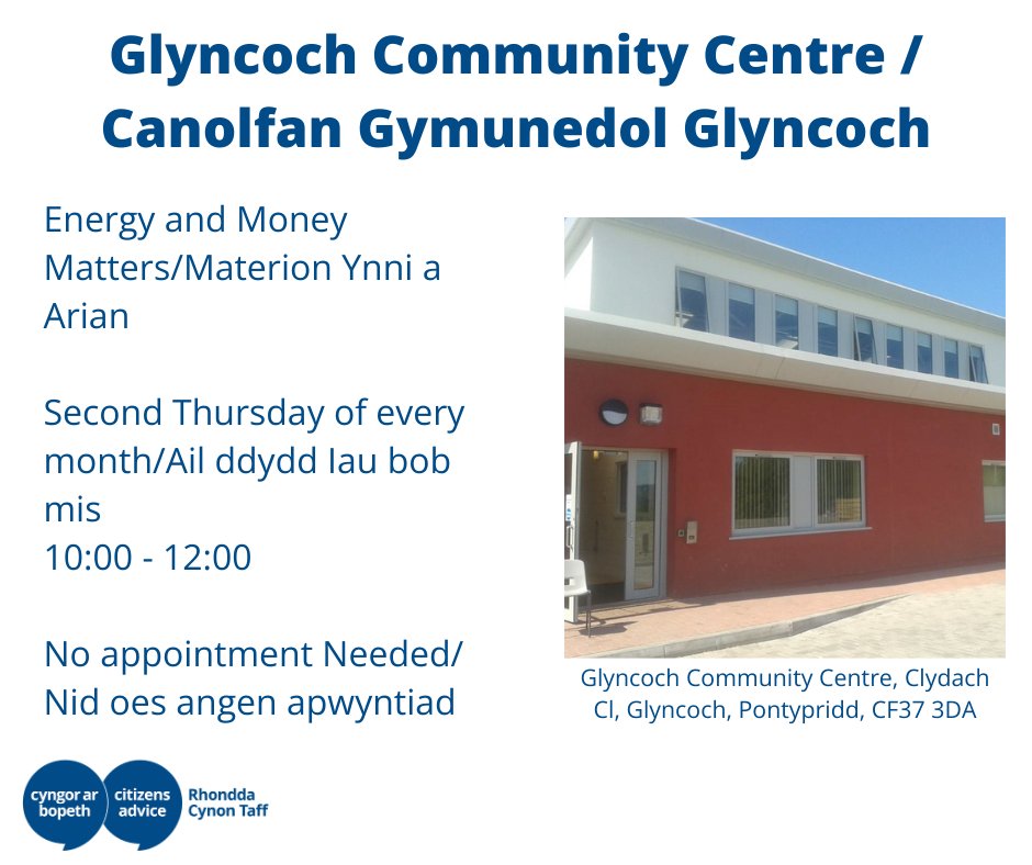 ca_rct's tweet photo. Today we are open in:

Mountain Ash (money clinic), Pontypridd and Tonyrefail.

We are also in Glyncoch Community Centre between 10am and 12pm for Energy and Money matters.

For further information, please visit https://t.co/pBn9JptMUg or call us on 01443 409284 https://t.co/r6Bcv0zWxR