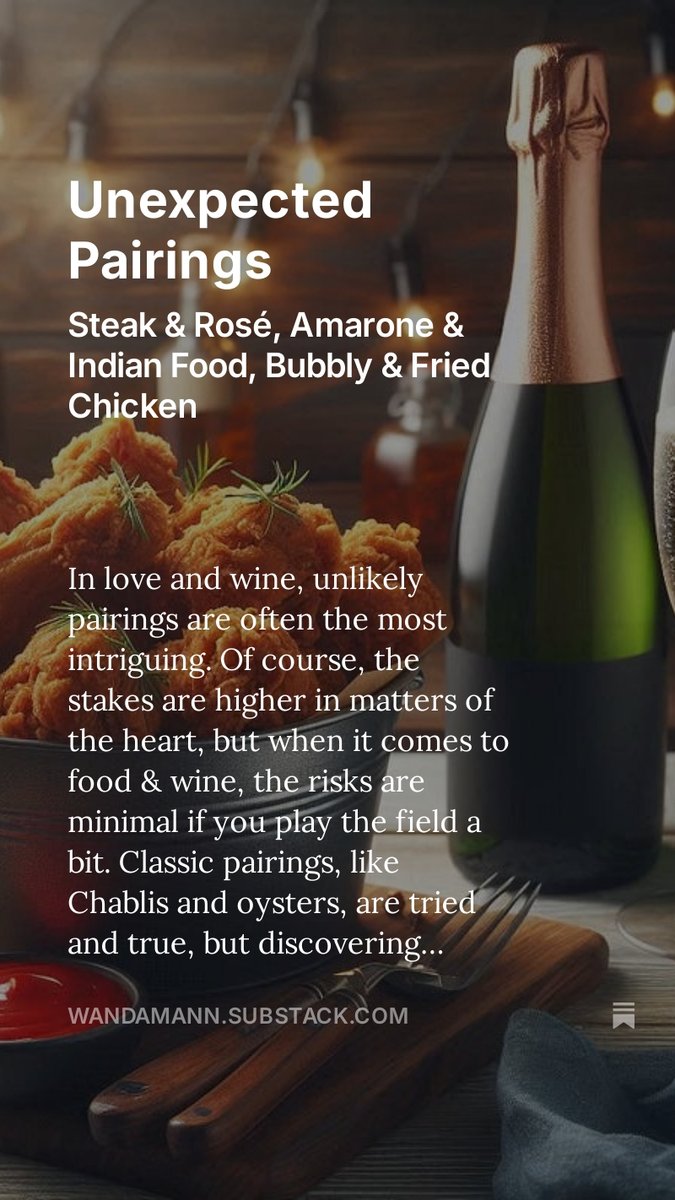 I was inspired by Food &amp; Wine's steak &amp; rosé story to explore other unexpected pairings. All credit goes to Marta Galli, third-generation vintner at Le Ragose winery, for the fantastic pairing of Amarone della Valpolicella with Indian food.
wandamann.substack.com/p/unexpected-p…
#wine #food