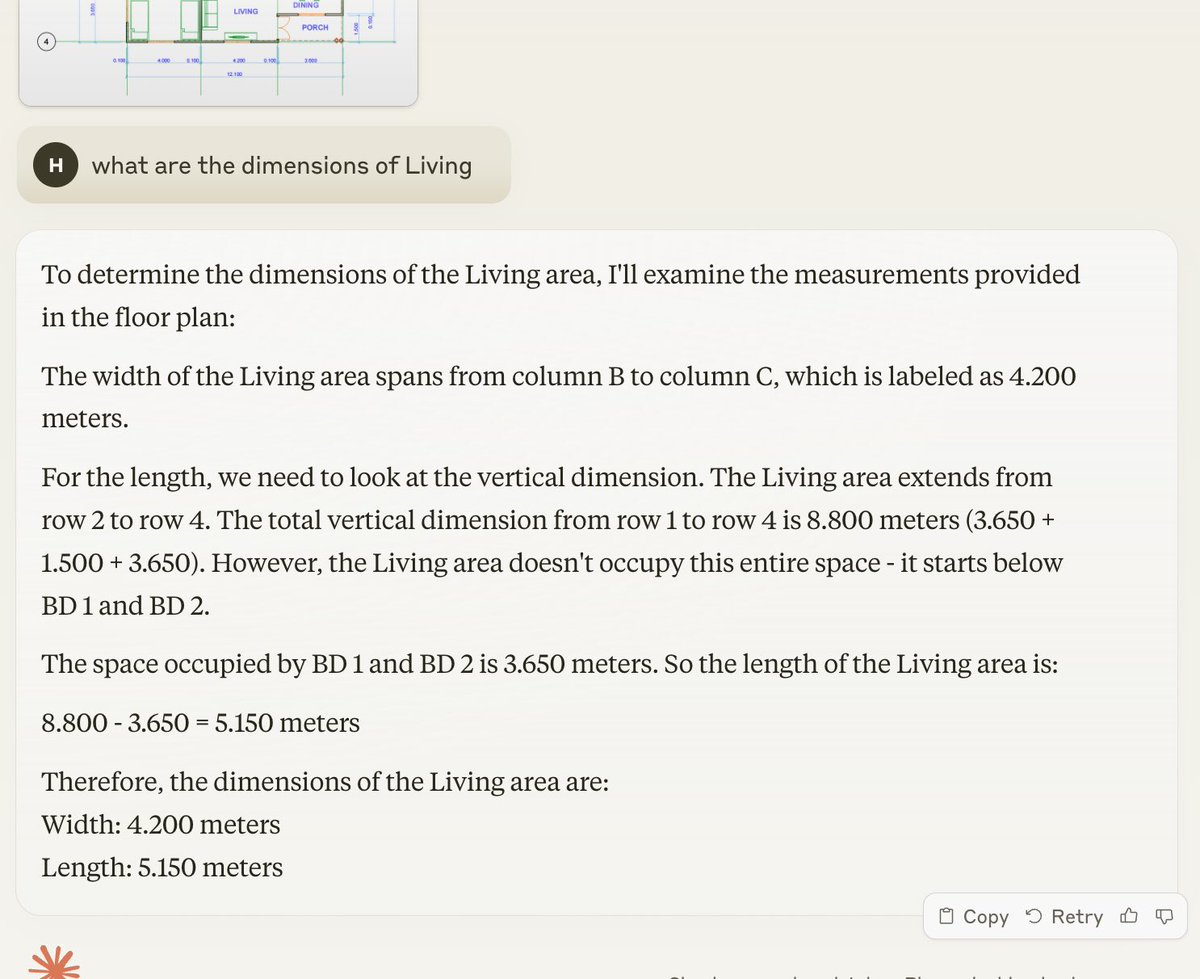 MartynSemakula's tweet photo. Claude 3.5 sonnet is my most preferred LLM. For this simple house plan, I asked ChatGPT by @OpenAI, Claude 3.5 sonnet by @AnthropicAI and Gemini by @GoogleAI the same question.These were their responses. ChatGPT gave me 2 answers, had to choose one. Gemini was the worst overall https://t.co/lxODn0deen