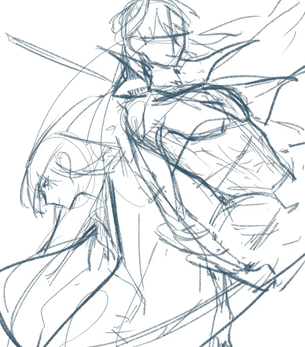 この時のラフってどうだっただろうかと確認したら描いてるうちにどうにかなれ感の強いラフだった #皆さんラフと塗った後を見せてください 