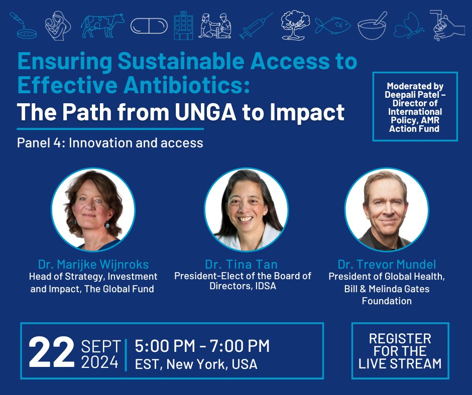 One Health Trust (@onehealthtrust) on Twitter photo Check out panel 4 of our co-organized UNGA side event, Innovation & access, moderator: @deepalimpatel of <a href="/AMRActionFund/">AMR Action Fund</a>. Panelists: <a href="/trevormundel/">Trevor Mundel</a> of <a href="/gatesfoundation/">Gates Foundation</a>, Dr. Tina Tan of <a href="/IDSAInfo/">IDSA</a>, & <a href="/MarijkeWijnroks/">Marijke Wijnroks</a> of <a href="/GlobalFund/">The Global Fund</a>. Register to live stream: eventcreate.com/e/livestreamen… Check out panel 4 of our co-organized UNGA side event, Innovation & access, moderator: @deepalimpatel of <a href="/AMRActionFund/">AMR Action Fund</a>. Panelists: <a href="/trevormundel/">Trevor Mundel</a> of <a href="/gatesfoundation/">Gates Foundation</a>, Dr. Tina Tan of <a href="/IDSAInfo/">IDSA</a>, & <a href="/MarijkeWijnroks/">Marijke Wijnroks</a> of <a href="/GlobalFund/">The Global Fund</a>. Register to live stream: eventcreate.com/e/livestreamen…