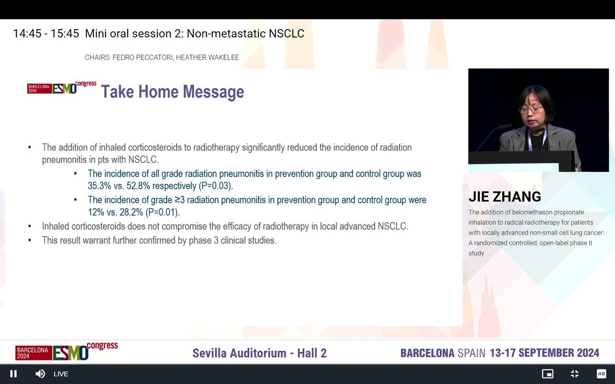 Interesting study: inhaled beclometasone propionate used during thoracic radiotherapy decreases radiation pneumonitis incidence. Easy to do and not costly ! Very prgmatic trial. Congrats.
#ESMO24 <a href="/OncoAlert/">OncoAlert</a>