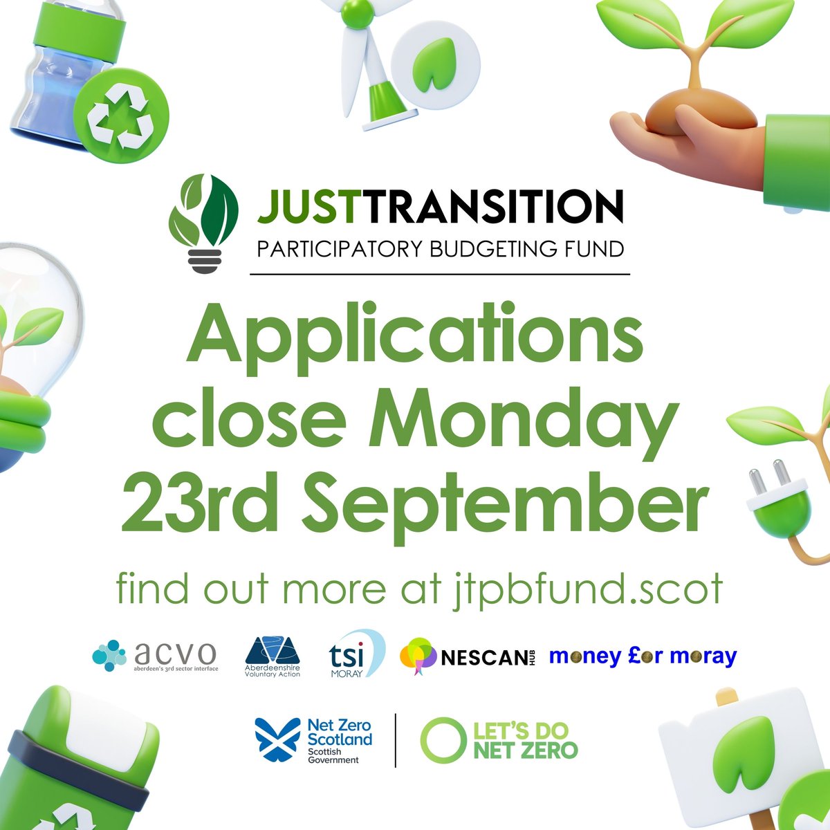 📢The Just Transition PB Fund closes for applications in 1 week on Mon Sept 23!

🌱#JTPBFund Year 3 is open with £1 million available across #Aberdeen, #Aberdeenshire, &amp; #Moray! Apply for up to £50,000 to support your eco friendly community project!

📝jtpbfund.scot/apply