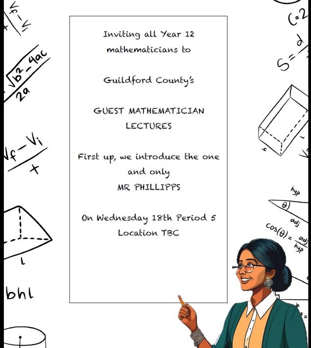 GCS_SixthForm's tweet image. We&apos;re excited to launch the inaugural County Sixth Form &apos;Guest Mathematician Lecture&apos;, taking place each half-term. First up, we welcome back Mr Phillipps!