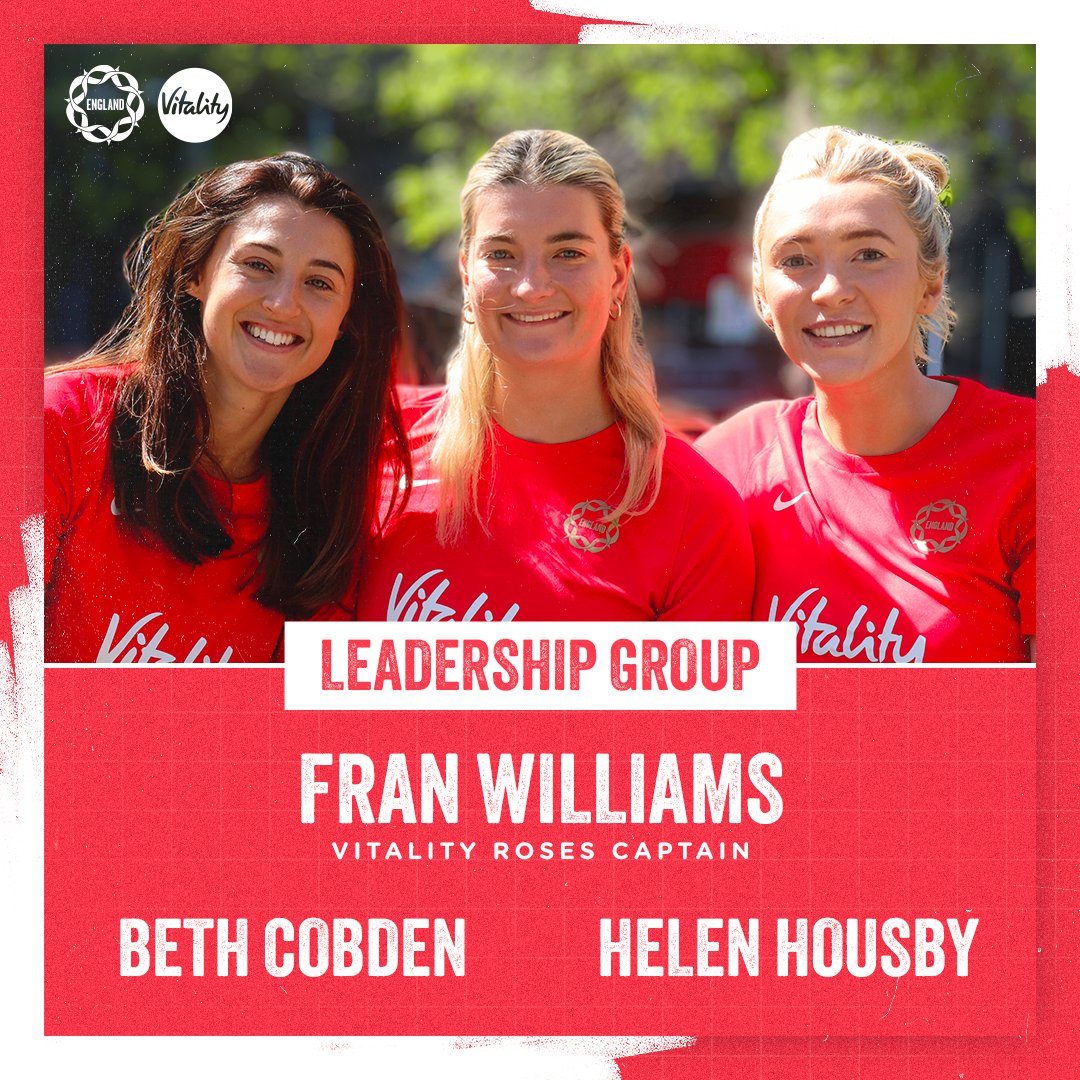 England Netball (@englandnetball) on Twitter photo Your Vitality Roses leadership group 🫡
🌹 <a href="/fwills11/">Francesca Williams</a> will captain the team, supported by <a href="/BethCobs1/">Beth Cobden</a> and <a href="/Helenhousby1/">Helen Housby MBE</a>.
Watch the Australia Series opener live at 10am UK time on Thursday 19 September on <a href="/SkySports/">Sky Sports</a>, including YouTube, (UK viewers) or NetballPass (worldwide) 🌍 Your Vitality Roses leadership group 🫡
🌹 <a href="/fwills11/">Francesca Williams</a> will captain the team, supported by <a href="/BethCobs1/">Beth Cobden</a> and <a href="/Helenhousby1/">Helen Housby MBE</a>.
Watch the Australia Series opener live at 10am UK time on Thursday 19 September on <a href="/SkySports/">Sky Sports</a>, including YouTube, (UK viewers) or NetballPass (worldwide) 🌍