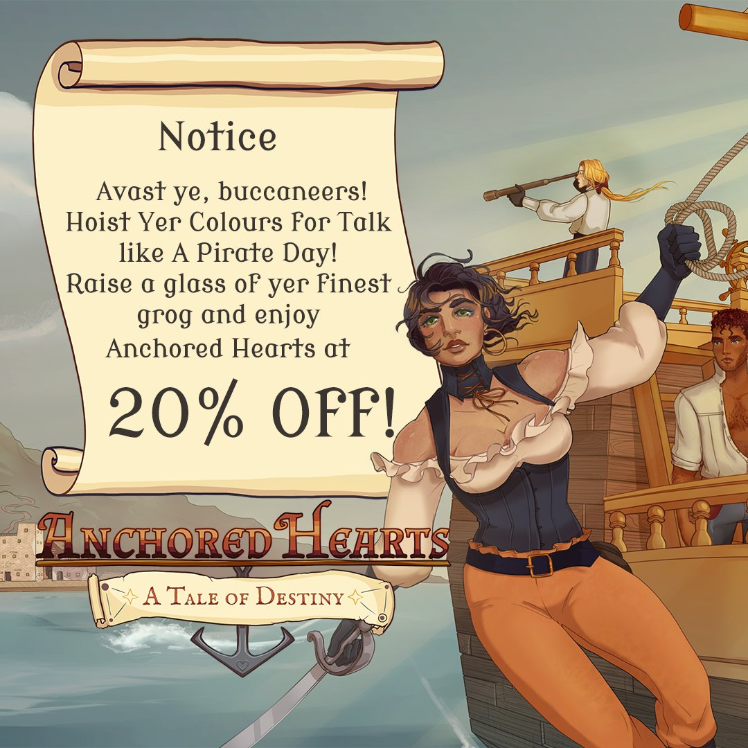 All hands on deck as we board the Lady Vengeance - there’s a rare deal on the horizon! You can steal a copy of Anchored Hearts at 20% off ‘tween the moons of the 16th and 23rd of September.😄

store.steampowered.com/app/2396660/An…

#indiegames #talklikeapirateday #pirategames #anchoredhearts