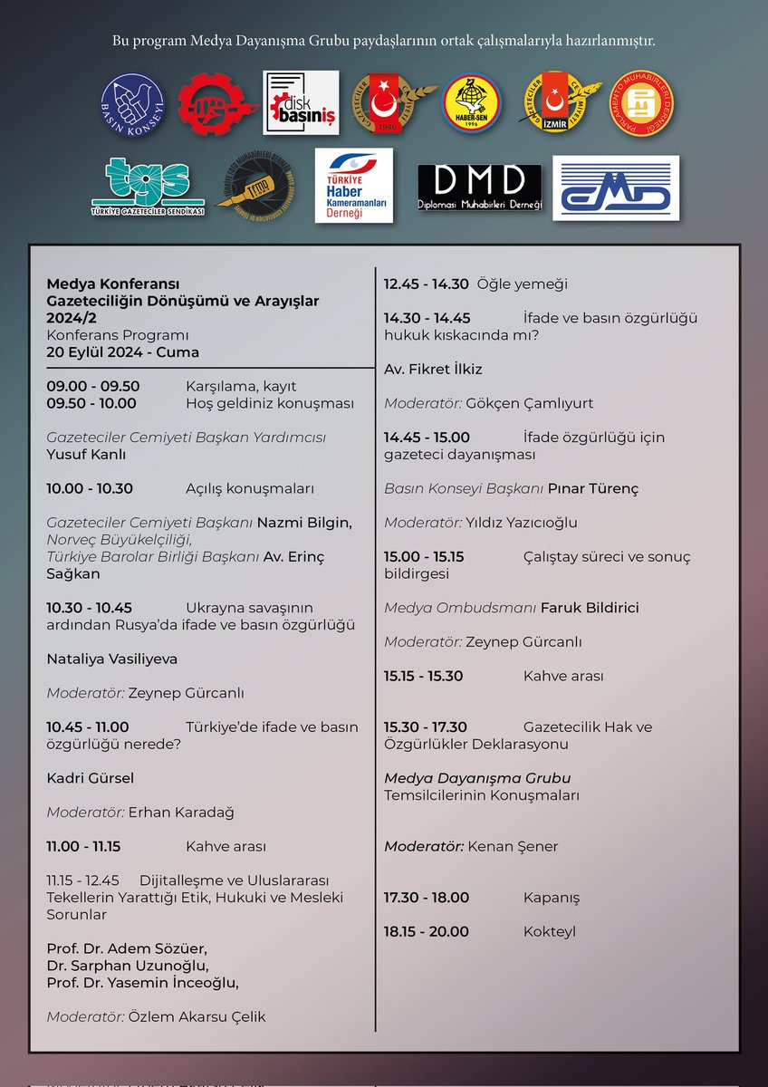 Basın meslek örgütlerinin bir araya gelerek "Gazetecilik Hak ve Özgürlükler Deklarasyonu"nu ele alacağı konferansa tüm meslektaşlarımızı bekliyoruz.

20 Eylül 2024 Cuma

Türkiye Barolar Birliği Litai Konukevi / Ankara