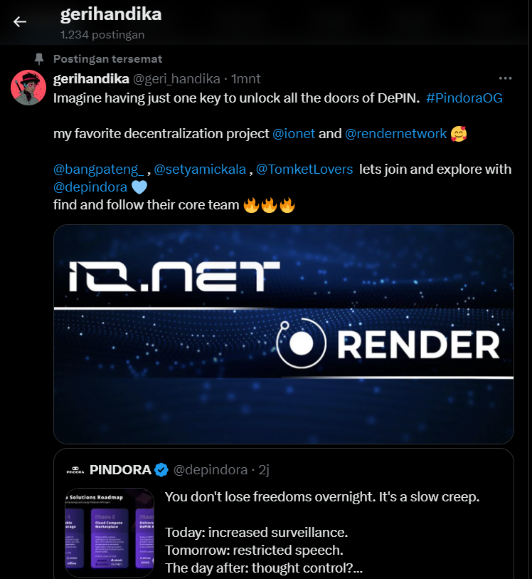 geriee_id's tweet photo. @depindora lets join together🔥
@cxczwy, @KhoirulMun6422, @TwipsX

Imagine having just one key to unlock all the doors of DePIN.  #PindoraOG

my discord : gerihandika https://t.co/k3Ug5YAgSI