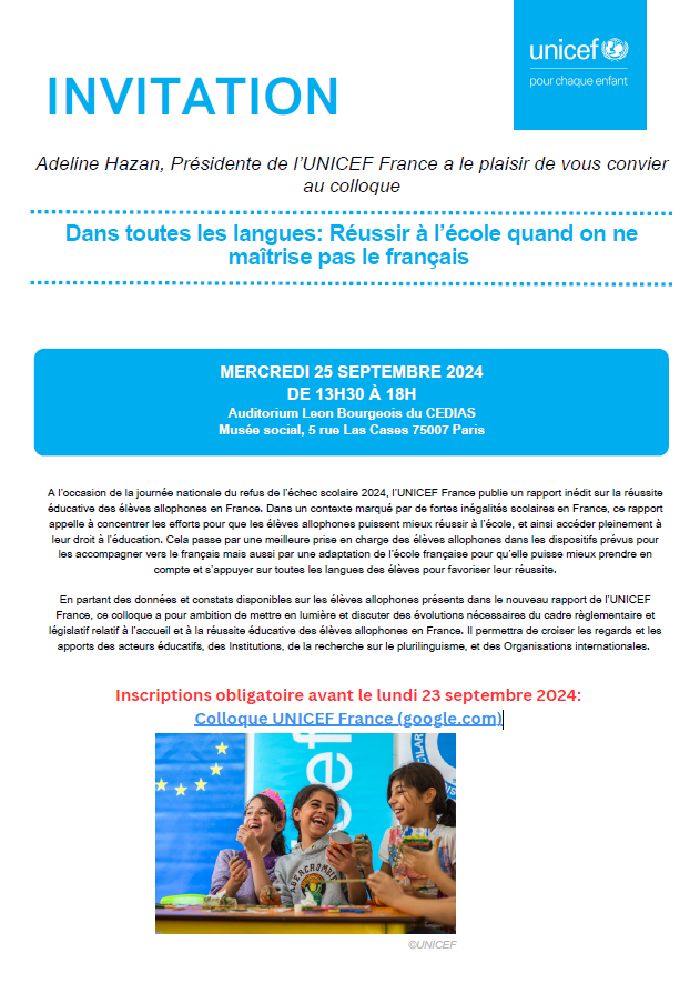 celine_hein's tweet photo. 📣 Il reste encore des places pour le colloque de l'@UNICEF_france  "Dans toutes les langues" sur la réussite éducative des élèves allophones du 25 sept au @cedias403, à l’occasion de la journée nationale du refus de l’échec scolaire📚. Inscriptions ici: https://t.co/aZMVsXUgqz https://t.co/sfgzQbSPgC