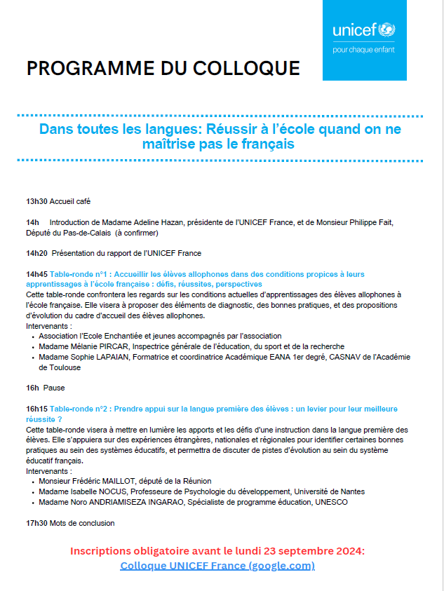 celine_hein's tweet photo. 📣 Il reste encore des places pour le colloque de l'@UNICEF_france  "Dans toutes les langues" sur la réussite éducative des élèves allophones du 25 sept au @cedias403, à l’occasion de la journée nationale du refus de l’échec scolaire📚. Inscriptions ici: https://t.co/aZMVsXUgqz https://t.co/sfgzQbSPgC