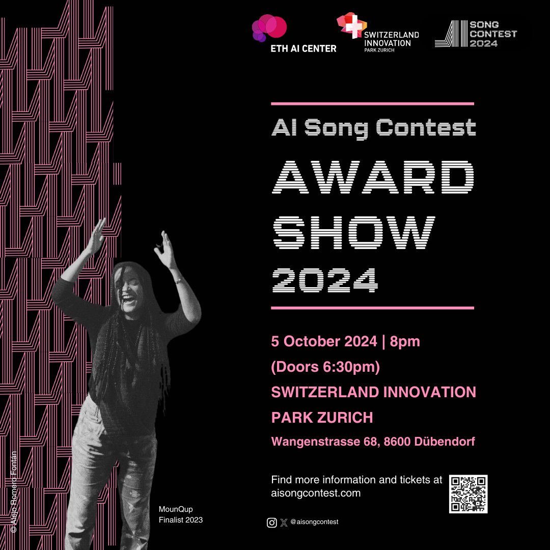 AI Song Contest (@aisongcontest) on Twitter photo Join us for the AI Song Contest Award Show in Zurich on October 5, 2024! 🏆
Experience live performances by our talented finalists and meet the artists at Switzerland Innovation Park Zurich. Get your tickets now at aisongcontest.com!
#AImusic sponsored by <a href="/innopark_zh/">Switzerland Innovation Park Zurich</a> Join us for the AI Song Contest Award Show in Zurich on October 5, 2024! 🏆
Experience live performances by our talented finalists and meet the artists at Switzerland Innovation Park Zurich. Get your tickets now at aisongcontest.com!
#AImusic sponsored by <a href="/innopark_zh/">Switzerland Innovation Park Zurich</a>