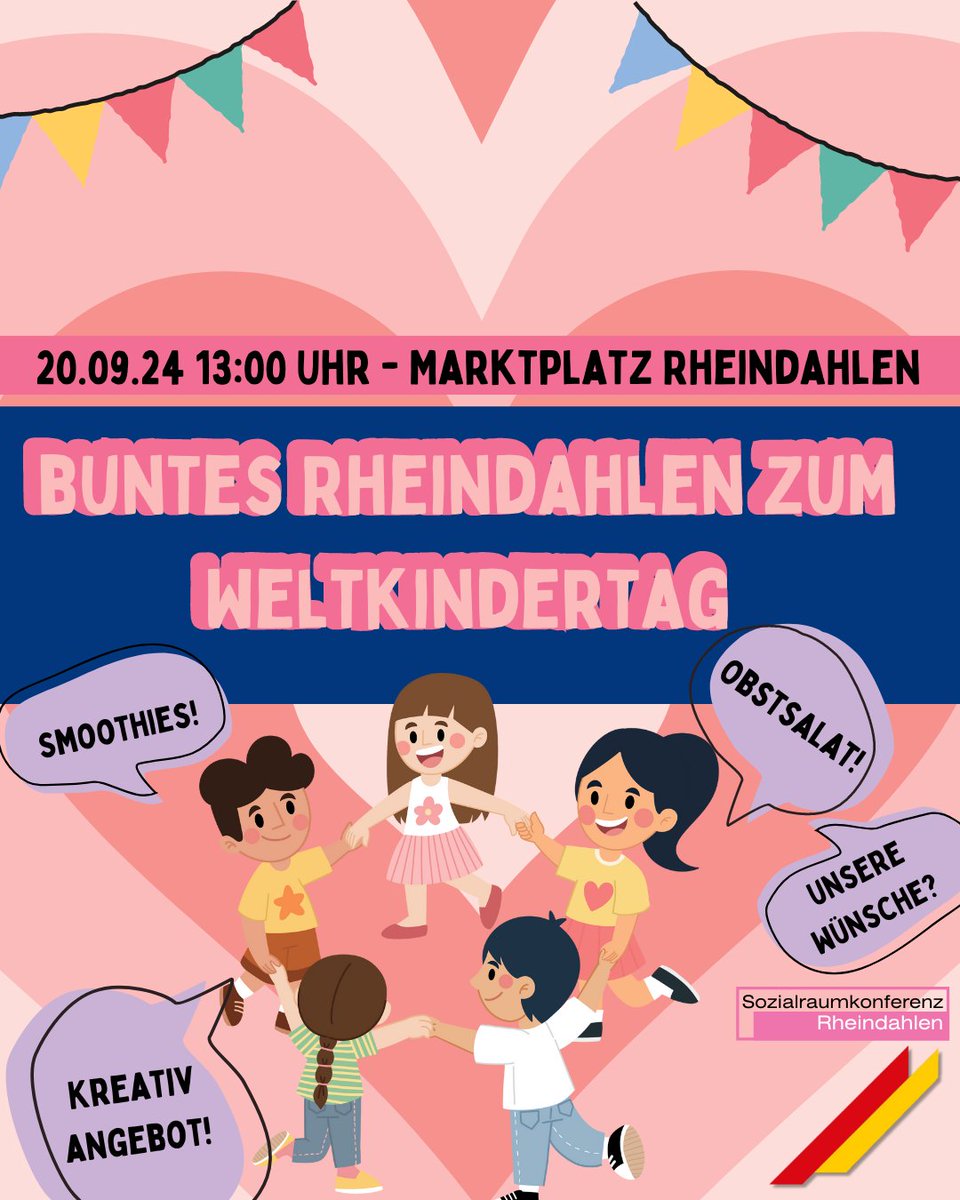 Am 20. September lädt die Sozialraumkonferenz Rheindahlen zu einem bunten Fest am Weltkindertag ein! 🏙️🎈 Ab 13 Uhr sollen alle Altersgruppen und Nationalitäten auf dem Rheindahlener Markt miteinander ins Gespräch kommen und eine gute Zeit verbringen. 🌍🤝
