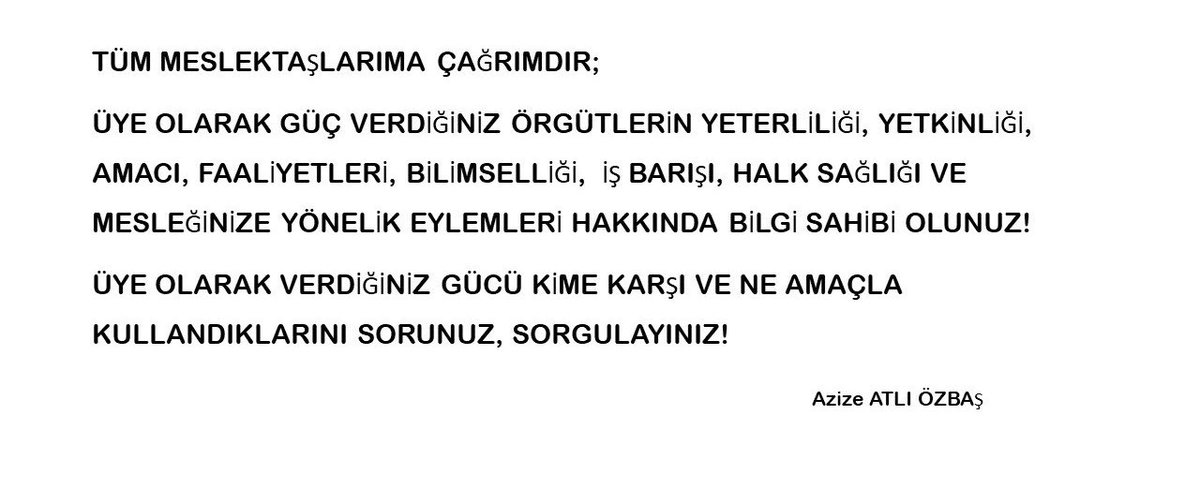 Değerli meslektaşım lütfen <a href="/AzizeAtli/">Azize ATLI ÖZBAŞ</a> hocamın çağrısına kulak verelim en azından sorgulayalım 
Artık birlik olmamızın zamanı gelmedi mi?
Yok sayılmak sizinde canınızı sıkmıyor mu?
Hemşirelik daire başkanlığı, başhemşirelik neden yok?
<a href="/thd_genelmerkez/">Türk Hemşireler Derneği</a>  
#hemşirelerbirlikoluyor