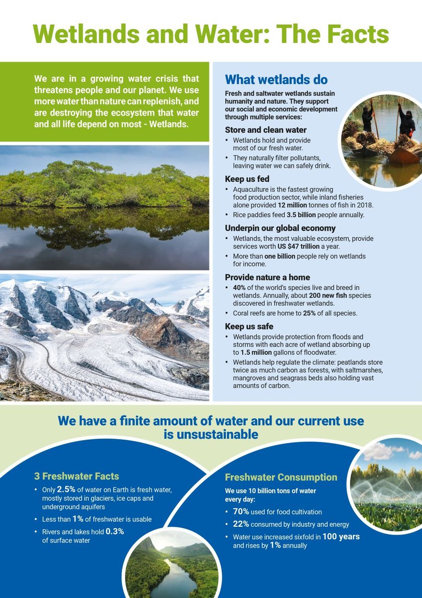 🌏We are in a growing water crisis that threatens people and our planet. 

We use more water than nature can replenish, and are destroying the ecosystem that water and all life depend on most -- #Wetlands.  

Check the following facts about wetlands and water 

via <a href="/MedWetOrg/">MedWet</a>