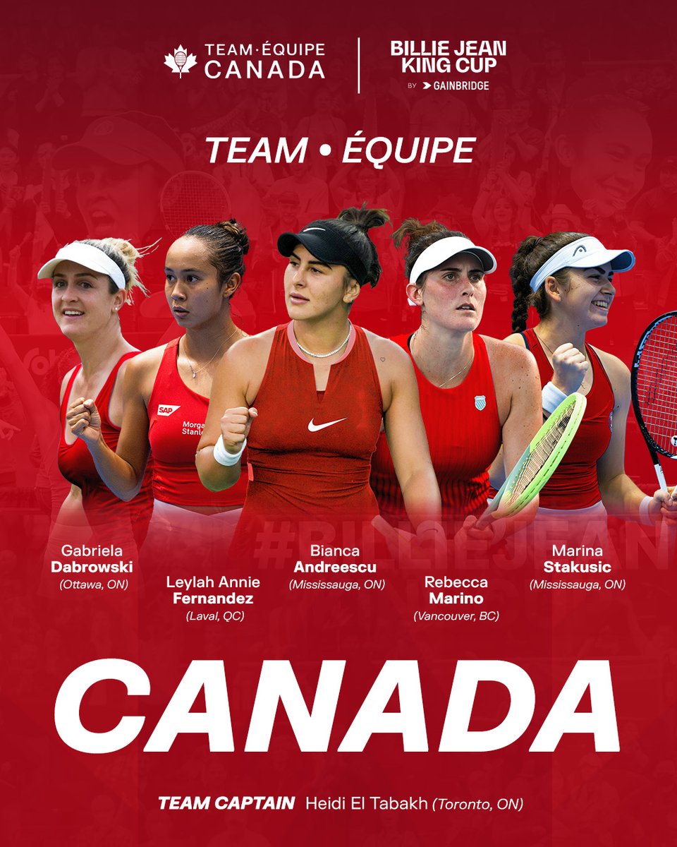 😍BJK CUP ROSTER REVEALED 😍
 
<a href="/TennisCanada/">Tennis Canada</a> has unveiled its roster for the BJK Cup Finals❗️
 
<a href="/Bandreescu_/">Bianca</a> , Gabriela Dabrowski, <a href="/leylahfernandez/">leylahfernandez</a>, <a href="/beccamarino90/">Rebecca Marino</a>, and Marina Stakusic will represent the team at the Finals in Malaga, Spain 😎
 
Details ⬇️
bit.ly/3XIIEMd