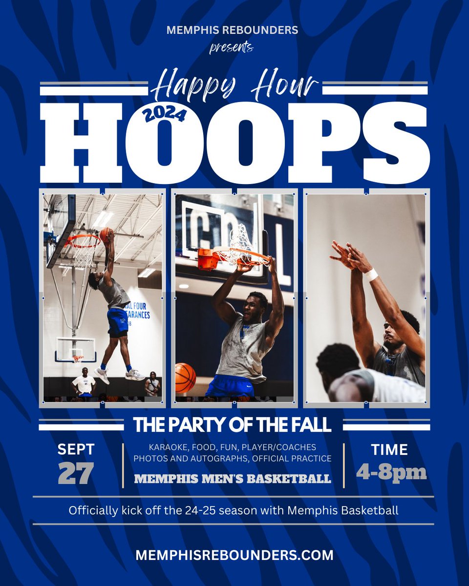 UofMrebounders's tweet photo. Memphis are you ready?!
#HappyHourHoops 11 days away 👀
Do you have your HHH tickets yet?
Join us as we officially ring in the 24-25 basketball season with Memphis_MBB.
Get 🎟️👉 https://t.co/BWLbtdR5v2
Fun, food & hoops
#MemphisRebounders #GoTigersGo https://t.co/ZBm25YE5Ox