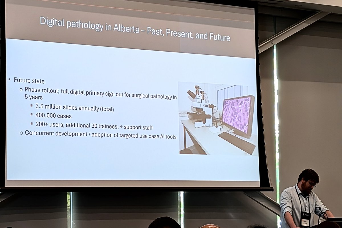 David Beyer presents a five year plan for digitizing pathology in Alberta. Preexisting standardization and centralization at Alberta Precision Labs will facilitate this! <a href="/pathbytes/">API - pathbytes</a>  #DPAI8 hosted by <a href="/MackenzieHealth/">Mackenzie Health</a>