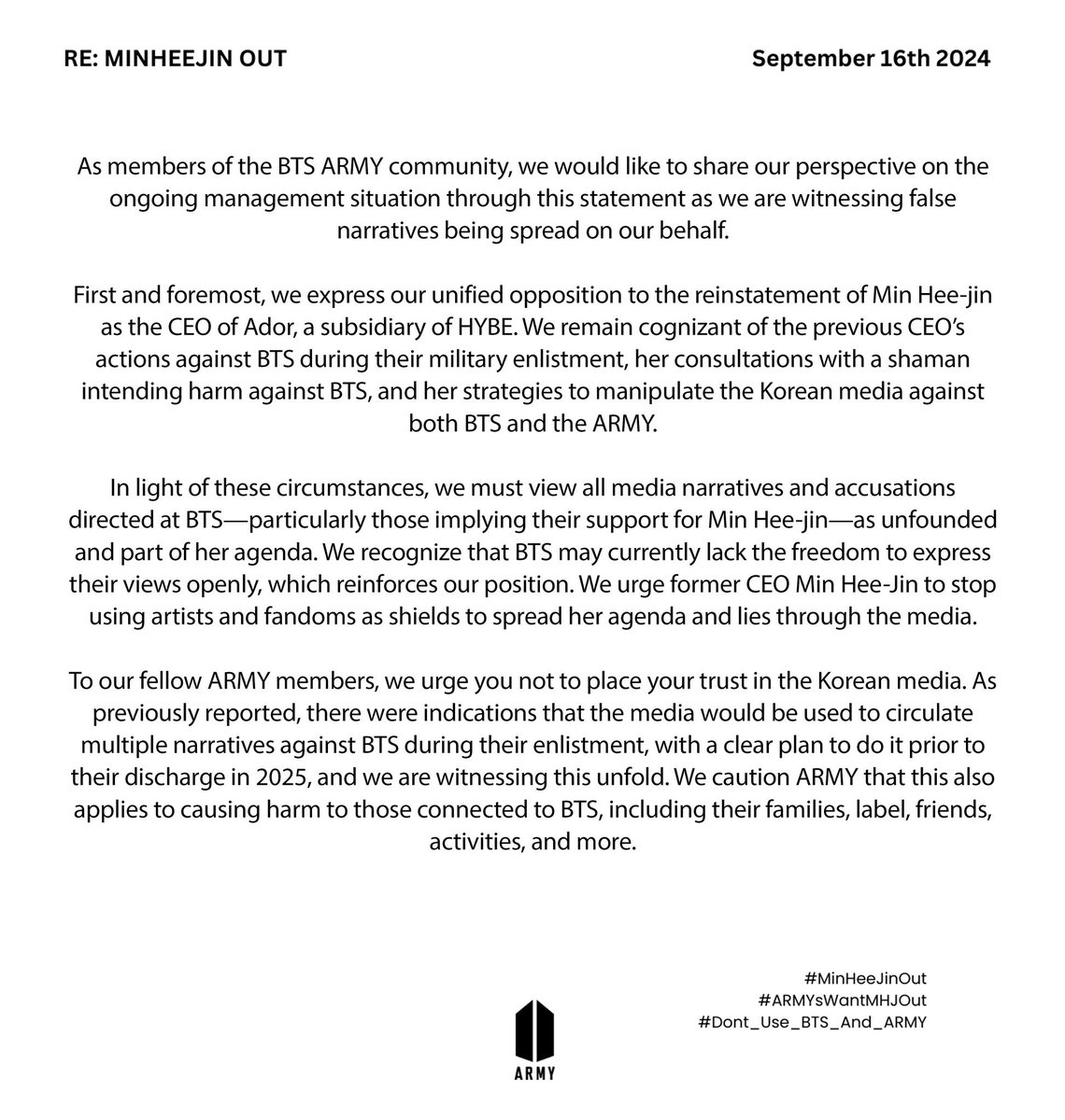 sevenrchive's tweet photo. ‼️PLEASE SPREAD EVERYWHERE‼️

#MinHeeJinOut
#ARMYsWantMHJOut
#Dont_Use_BTS_and_ARMY https://t.co/rO1Aovicb3