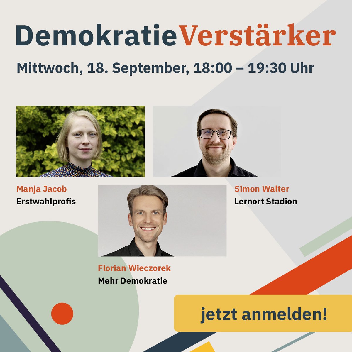 Der #DemokratieVerstärker startet wieder durch! Auftakt zu "Jugend &amp; Demokratie" mit:
🗳️ Manja Jacob <a href="/HausRissen/">HAUS RISSEN Hamburg</a> mit den #Erstwahlprofis
⚽️ Simon Walter mit Lernort Stadion
🏫 Florian Wieczorek <a href="/Volksentscheid/">Mehr Demokratie e.V.</a> zum Schulprojekt MANTA

Infos &amp; Anmeldung: demokratieverstaerker.org