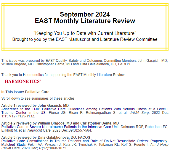 EAST (@east_trauma) on Twitter photo This monthās EAST Monthly Literature Review on Palliative Care is brought to you by John Gaspich, MD, William Brigode, MD, Christopher Dente, MD and Dina Galaktionova, DO, FACOS. Thank you to our sponsor <a href="/HaemoneticsCorp/">Haemonetics Corp</a>! Read the #EASTLitReview here and share your feedback: This monthās EAST Monthly Literature Review on Palliative Care is brought to you by John Gaspich, MD, William Brigode, MD, Christopher Dente, MD and Dina Galaktionova, DO, FACOS. Thank you to our sponsor <a href="/HaemoneticsCorp/">Haemonetics Corp</a>! Read the #EASTLitReview here and share your feedback: