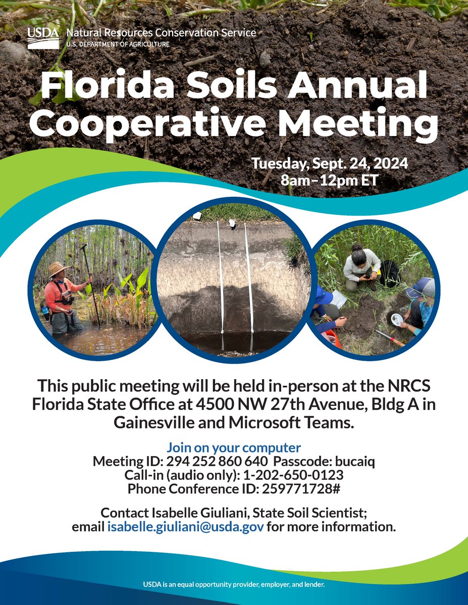 NRCS Florida (@nrcs_fl) on Twitter photo 📌Save the date on Sept 24 at 8am-12pm ET for the Florida Soils Annual Cooperative Meeting in Gainesville. The meeting will also be held via Teams. Questions? Contact Isabelle.Giuliani@usda.gov. 📌Save the date on Sept 24 at 8am-12pm ET for the Florida Soils Annual Cooperative Meeting in Gainesville. The meeting will also be held via Teams. Questions? Contact Isabelle.Giuliani@usda.gov.