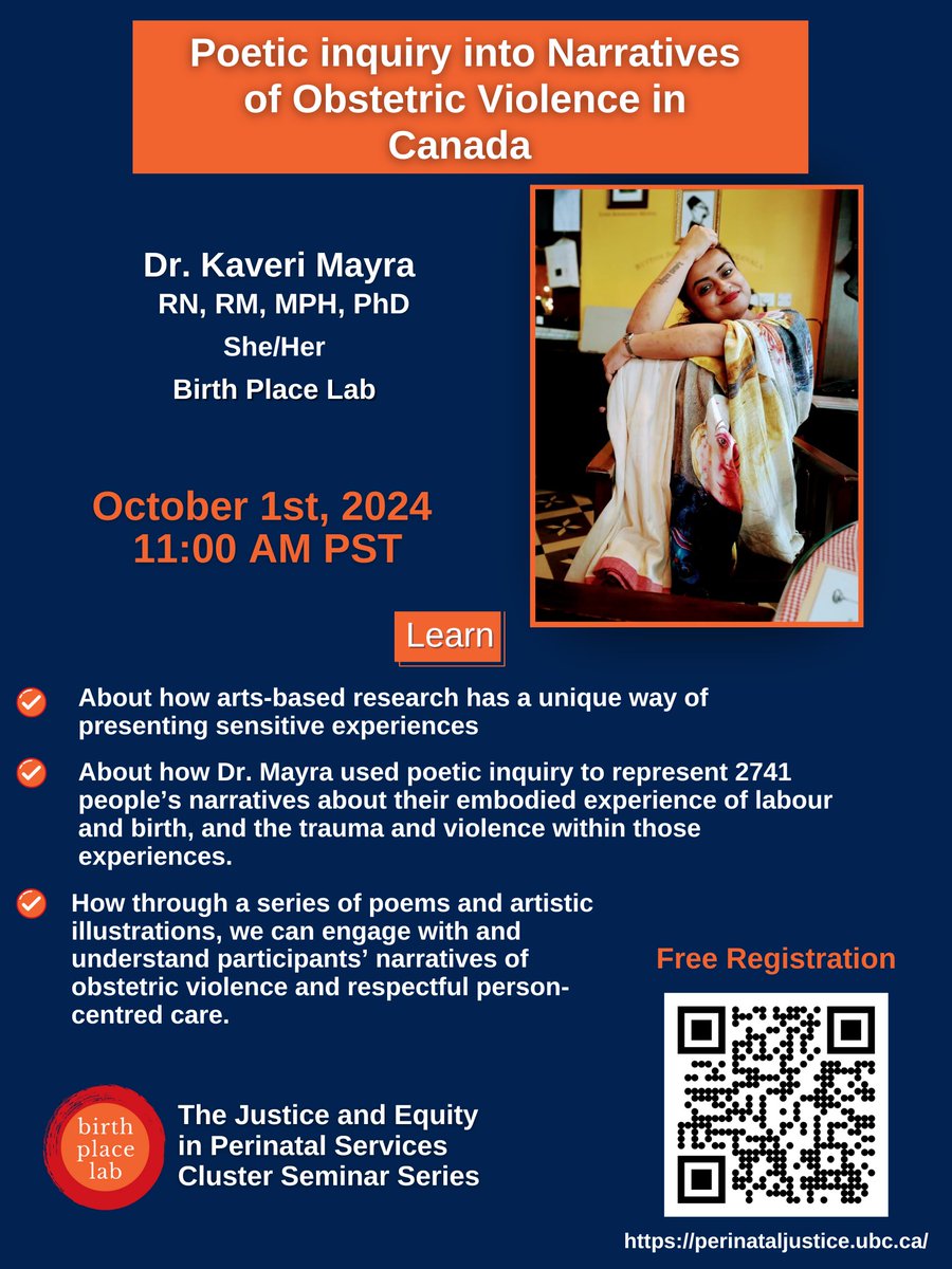 McMaster Midwifery (@macmidwifery) on Twitter photo Join the MMRC in welcoming Dr. Kaveri Mayra as a speaker for the Justice and Equity in Perinatal Services Cluster Seminar Series, Tuesday Oct 1st, 2024 at 11 AM PST! Register now here➡️ qr.link/zjhtUQ
<a href="/BirthPlaceLab/">Birth Place Lab</a> <a href="/Mayra_K11/">Dr. Kaveri Mayra</a> Join the MMRC in welcoming Dr. Kaveri Mayra as a speaker for the Justice and Equity in Perinatal Services Cluster Seminar Series, Tuesday Oct 1st, 2024 at 11 AM PST! Register now here➡️ qr.link/zjhtUQ
<a href="/BirthPlaceLab/">Birth Place Lab</a> <a href="/Mayra_K11/">Dr. Kaveri Mayra</a>