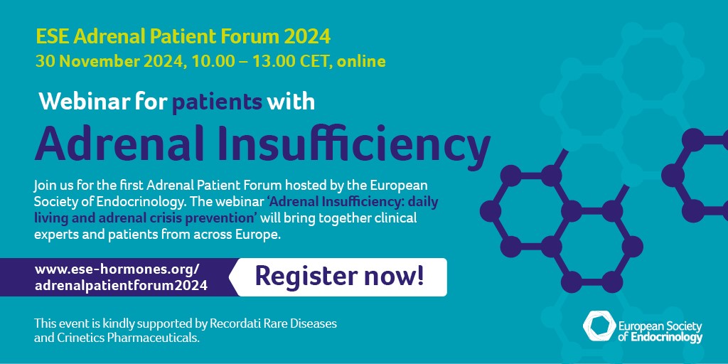 ESEndocrinology's tweet photo. Are you affected by adrenal insufficiency?

Join us for our first ESE Adrenal Patient Forum webinar on ‘Adrenal Insufficiency: daily living and adrenal crisis prevention’, on Saturday 30 November 2024 from 10:00-13:00 CET.

👉Register today for free!
https://t.co/XLkQBzUIUw https://t.co/Swq8zyBd5u