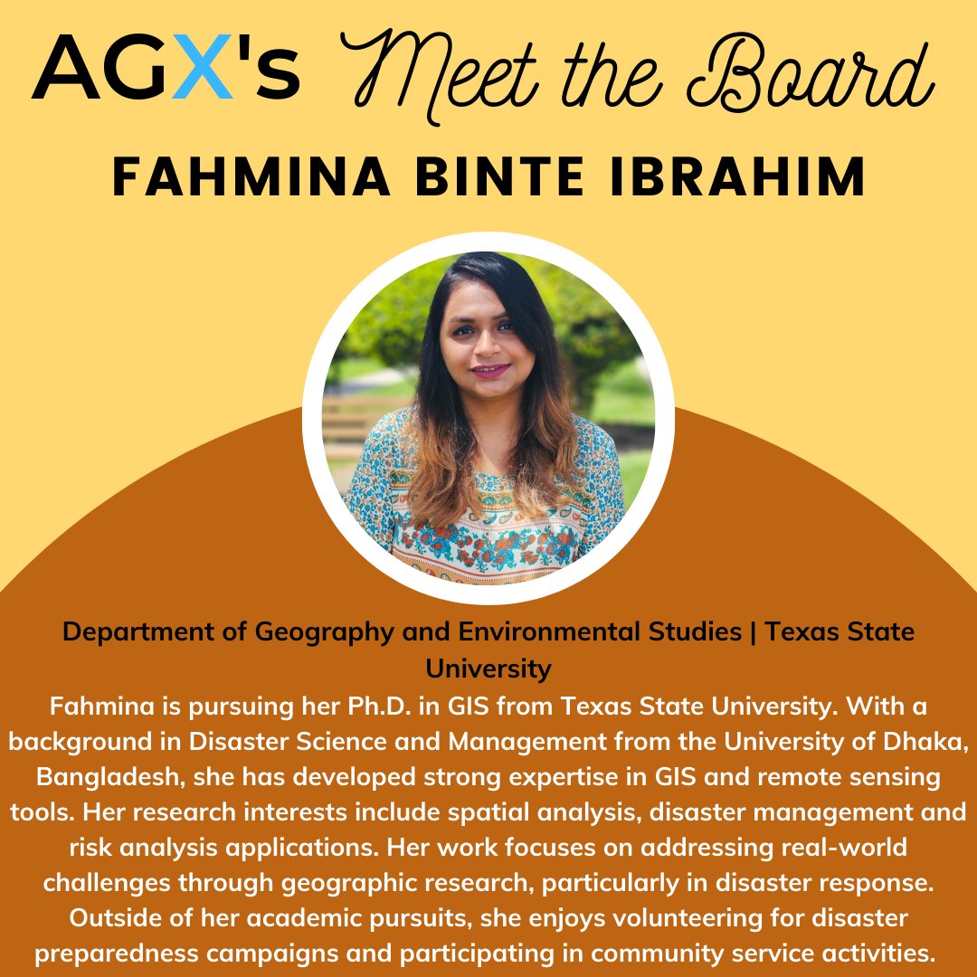 appliedgeog's tweet photo. It's time to introduce another student board member on this fine #BoardMemberMonday! ☀️ 

Fahmina is pursuing her Ph.D. in GIS at Texas State University, focusing on #disastermanagement and #riskanalysis applications. Welcome Fahmina! 🎉 https://t.co/dbnEdd2XwV