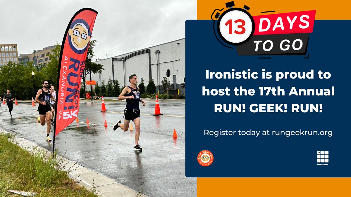 IronisticWeb's tweet photo. RUN! GEEK! RUN! is happening on September 29th, and you don't want to miss it! Lace up your sneakers and get ready for an awesome 5K race that supports a great cause.

🔗 Register now: https://t.co/yicWhA3l4p @rungeekrunrace

#RunGeekRun #5K #RunForACause https://t.co/mTjC4uEU0G