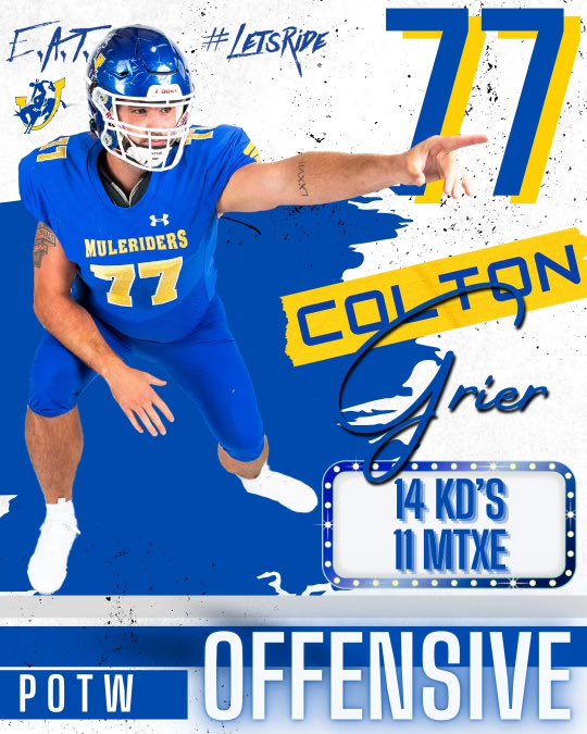 CONGRATS to <a href="/ColtonGrier/">Colton</a> for being named our <a href="/SAUFootball/">Mulerider Football</a> OFFENSIVE PLAYER OF THE GAME in our #VICTORY over East Central Oklahoma!!! #BMF 
🤙🏇