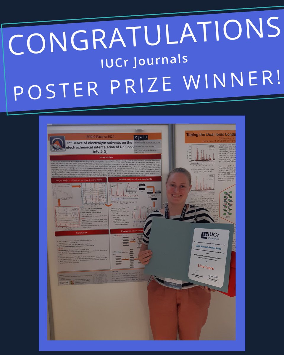 IUCr's tweet image. 🏆 Congratulations to Lina Liers, winner of the IUCr Journals Poster Prize for the most innovative development or application of powder diffraction at the 18th European Powder Diffraction Conference #EPDIC18! 🎉

👏👏 #PowderDiffraction