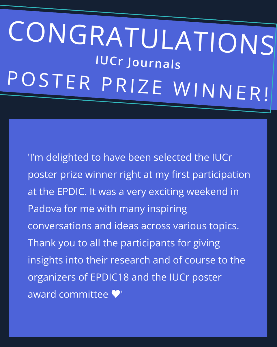IUCr's tweet image. 🏆 Congratulations to Lina Liers, winner of the IUCr Journals Poster Prize for the most innovative development or application of powder diffraction at the 18th European Powder Diffraction Conference #EPDIC18! 🎉

👏👏 #PowderDiffraction