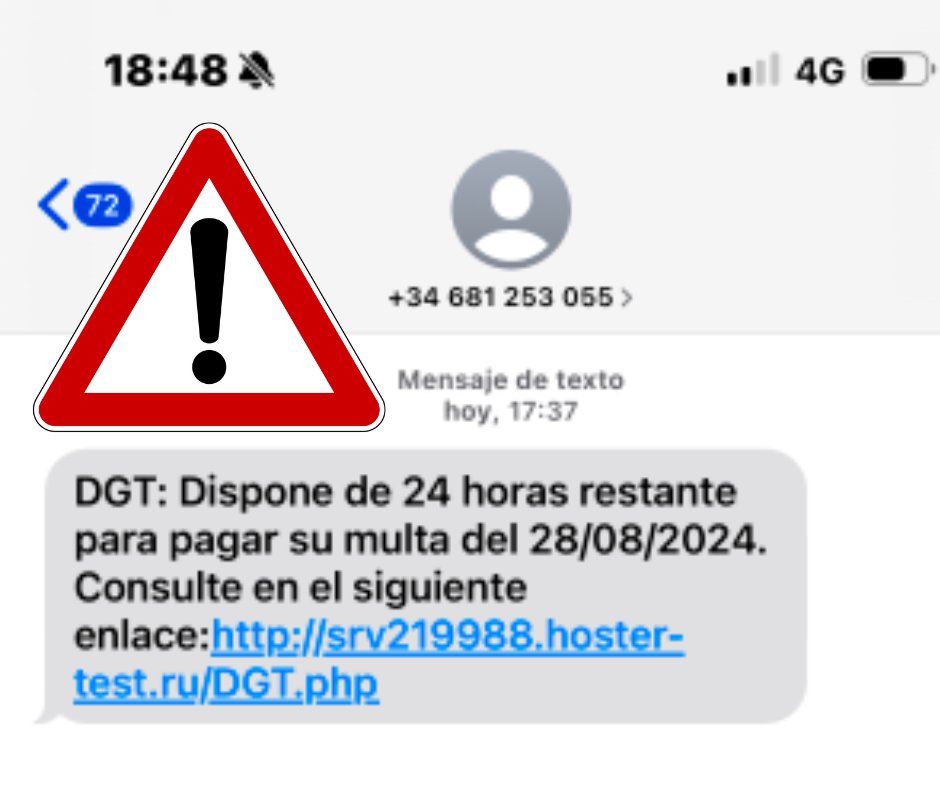 Muchos ciudadanos siguen recibiendo en sus móviles mensajes SMS en el que se les solicita el pago urgente de una multa en nombre de la #DGT. Son FALSOS, no notificamos sanciones vía SMS ni mail, solo a través de correo postal y de la Dirección Electrónica Vial #DEV.  #smishing