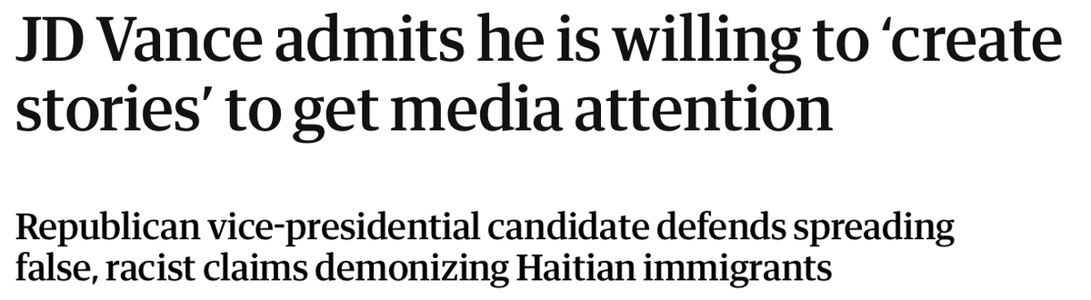 Over the weekend, vice presidential candidate and sitting Ohio senator JD Vance admitted that he lied to incite violence against Haitian immigrants, including his own constituents. There are no words.

theguardian.com/us-news/2024/s…