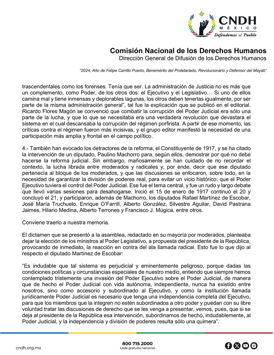 CNDH's tweet image. No interpondremos acción de inconstitucionalidad contra la Reforma Judicial porque ésta es un triunfo del pueblo y un avance en materia de #DerechosHumanos.

🧵