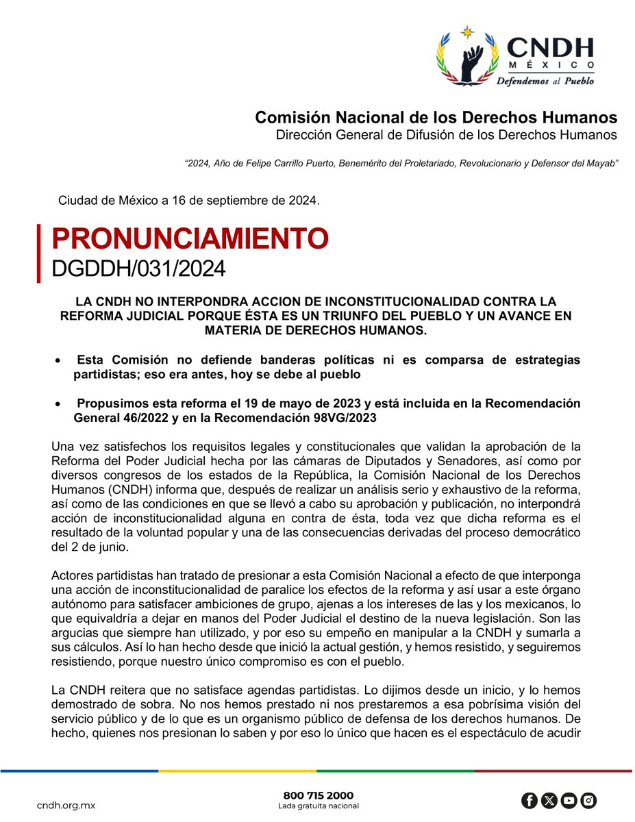 CNDH's tweet image. No interpondremos acción de inconstitucionalidad contra la Reforma Judicial porque ésta es un triunfo del pueblo y un avance en materia de #DerechosHumanos.

🧵