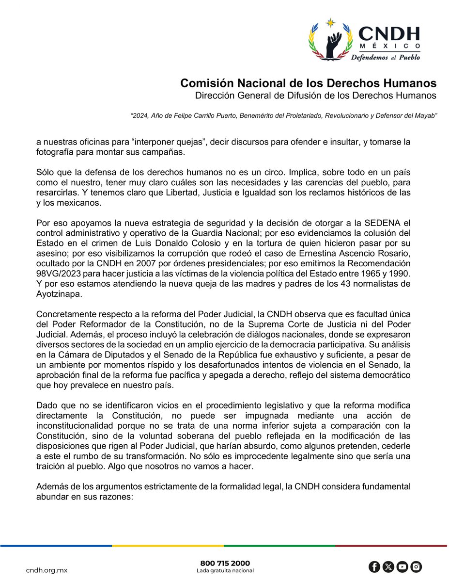 CNDH's tweet image. No interpondremos acción de inconstitucionalidad contra la Reforma Judicial porque ésta es un triunfo del pueblo y un avance en materia de #DerechosHumanos.

🧵
