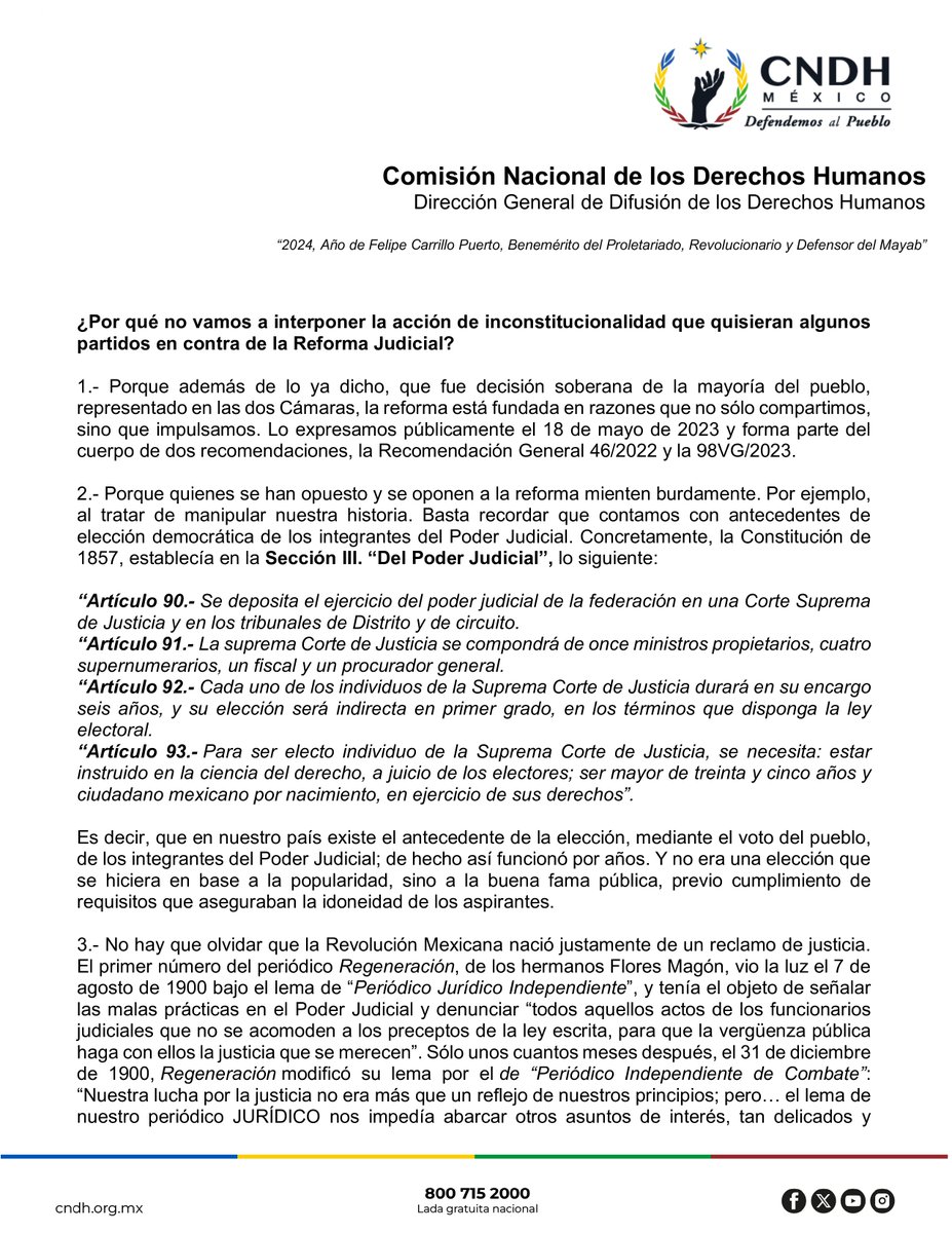 CNDH's tweet image. No interpondremos acción de inconstitucionalidad contra la Reforma Judicial porque ésta es un triunfo del pueblo y un avance en materia de #DerechosHumanos.

🧵