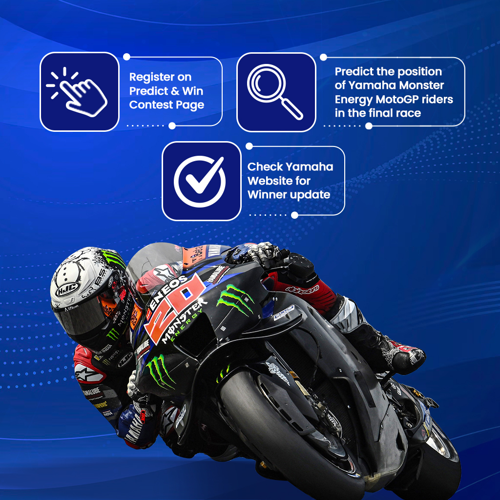India_Yamaha's tweet photo. It's time for Round 14 at the Emilia Romagna GP! Predict the positions of our Yamaha MotoGP riders and stand a chance to win fantastic prizes.
Participate now: https://t.co/aGZClQrhbT
#MonsterYamaha #YamahaMotoGP #CallofTheBlue #PredictandWinContest #ContestAlert https://t.co/cy3lRPFsJ0