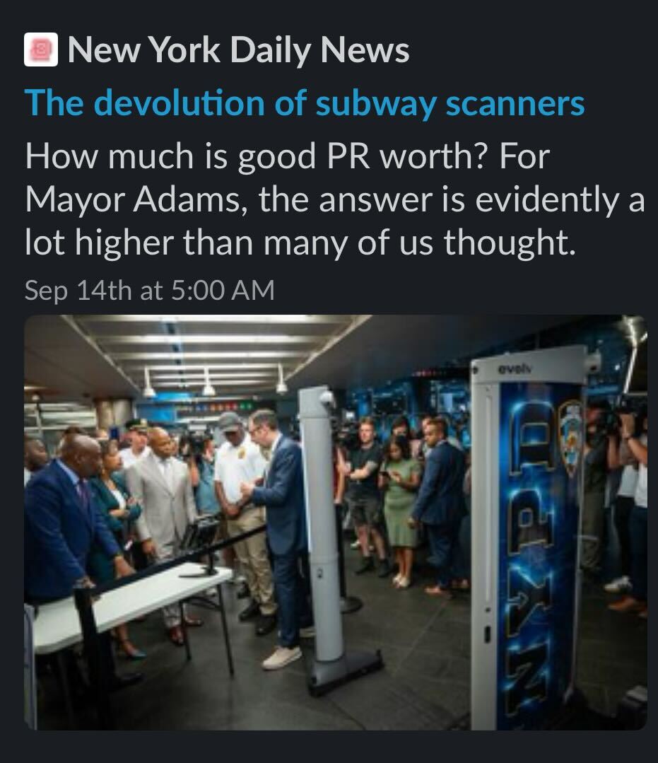 STOPSpyingNY's tweet image. Catch our latest STOP-ed on Eric Adams' bid for extremely expensive, ineffective metal detectors on the subway. @nydailynews @FoxCahn #Evolv #MTA #NYPD  nydailynews.com/2024/09/14/the…