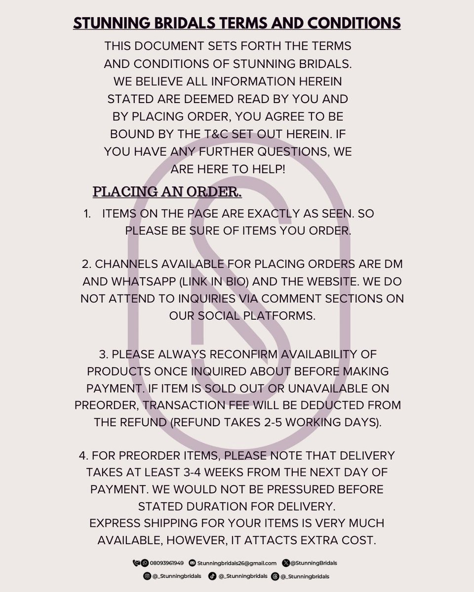 StunningBridals's tweet photo. Before you shop with us, please take a minute to read our Terms and Conditions. Your satisfaction is our priority, and we want to ensure a smooth experience.

#StunningBridals #SBA #StunningBridalsAccessories #BridalAccessories #Bridalshoes #bridalstore #bridalstoreinlagos https://t.co/cqKh43KSdh