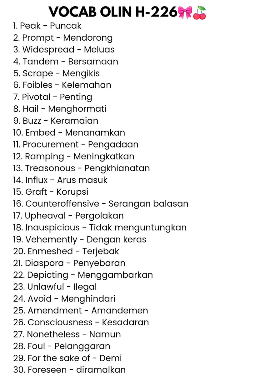 ⭒❃.✮: Catatan Vocab Olin 🍒🎀⭒❃.

H-226 UTBK🍒
☆_______◇◇◇◇______☆______◇◇◇◇